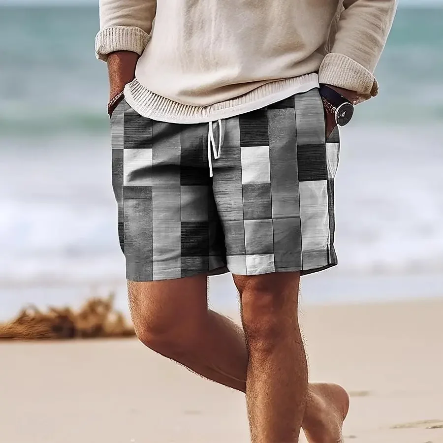 Casual Colourful Plaid Printed Shorts with Pocket Summer Men\'s Outdoor Daily Sports Shorts Large Size Loose Holiday Beach Trunks