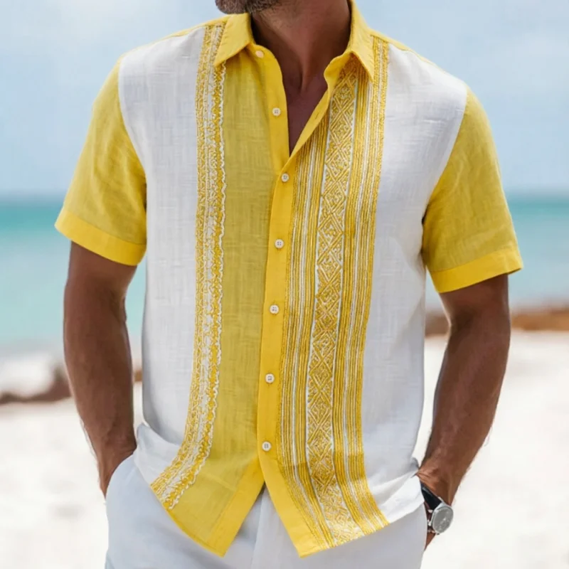 

Vacation style men's short sleeved linen shirt, button design, digital printing, casual and comfortable, fashionable dressing