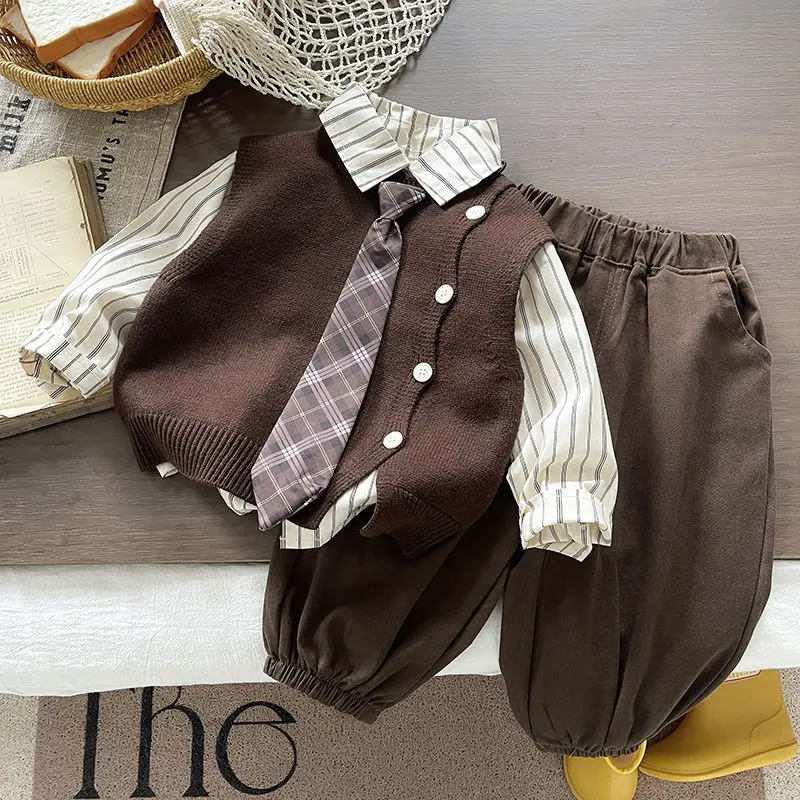 

Fashion Toddle Boys Clothes Autumn Spring Knit Vest+Striped Shirt+Loose Pants 3Pcs Korean Version Kids Casual Handsome Clothes S