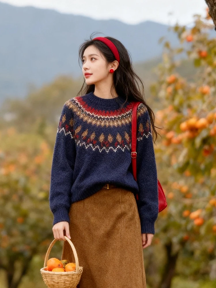 

Retro Soft Age-Defng Fair Isle round Ne Long Sve Sweater Autumn Winter Lazy Sle Loose Knitted Women's Faionable Soft