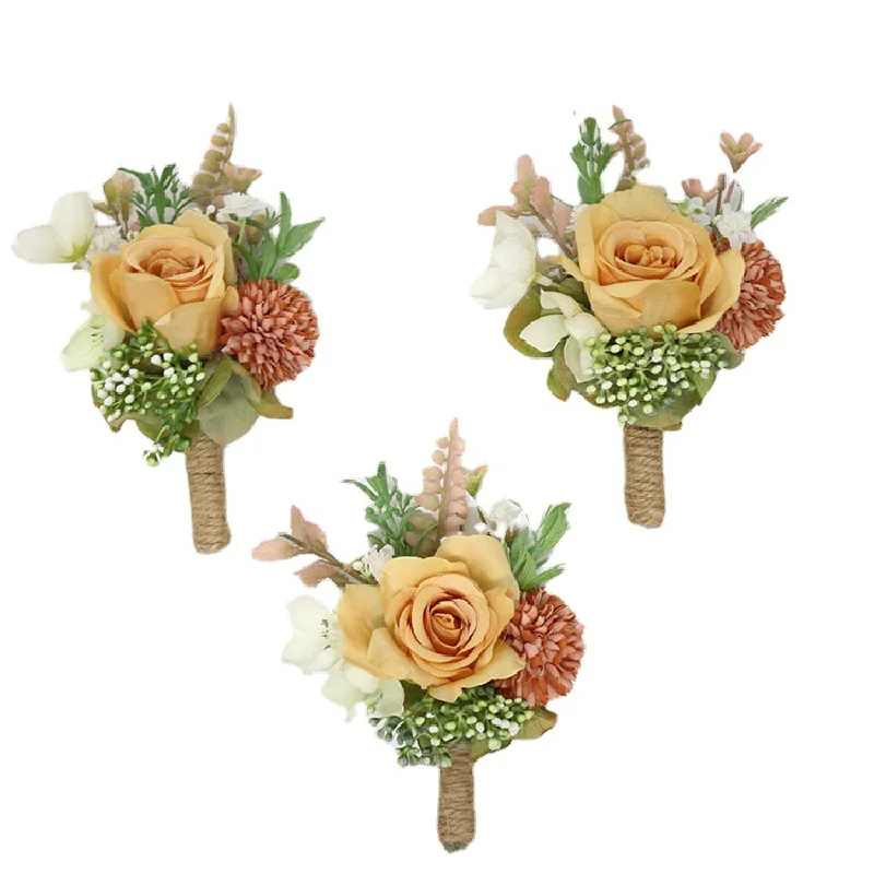 Boutonniere e polso Corsag Rose matrimonio busto testa ghirlanda di fiori sposo sposa damigella d'onore damigella d'onore Color caramello 414