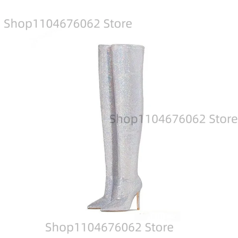 Women's Silver Glitter Over The Knee Stiletto heel Boots Glamorous Sophisticated Parties Galas Ladies High Allure Dress Botas