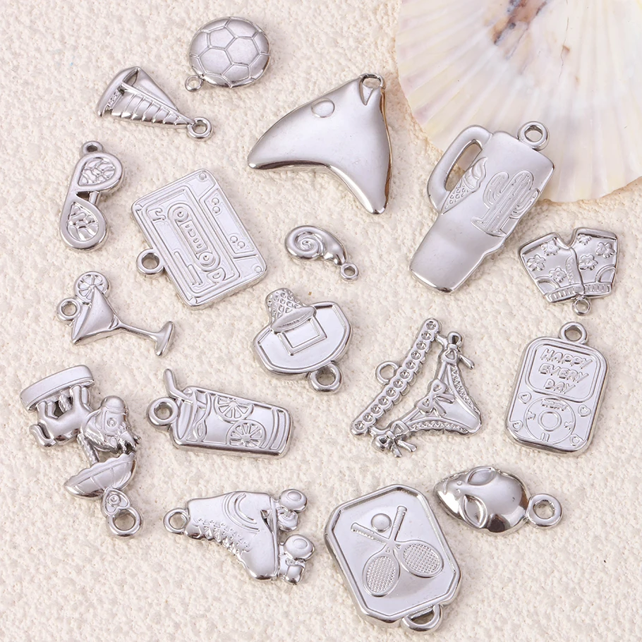 

7Pcs Summer Beach Party Silver Plated Stainless Steel Charms DIY Basketball Ice skates Beverage Bottles Shorts Jewelry Making