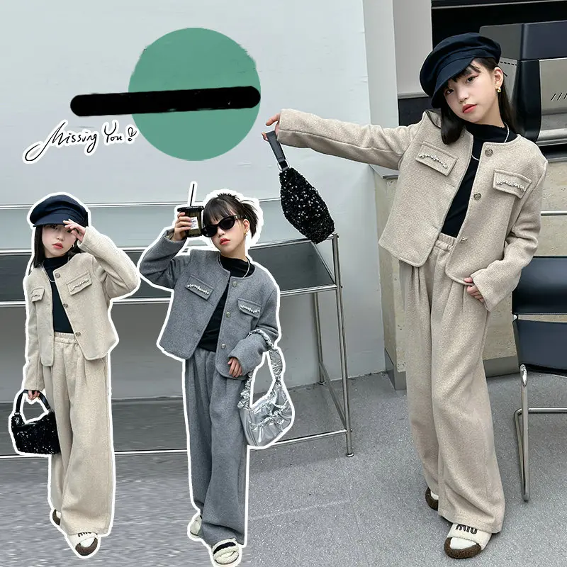 autumn Design teenage girls woole clothes set Round neck coat+Wide leg pants 2pcs junior kids suit child outfits conjuntos file