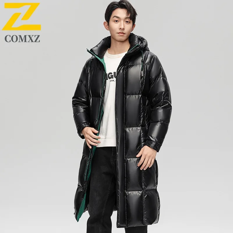 Comxz High-end Mens Down Jacket 2025 New Winter Fashion Bright Long Waterproof 90% White Duck Down Coat Snow Ski Puffer Parkas