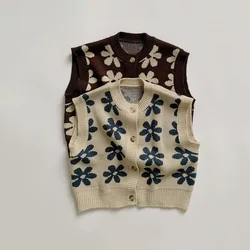 Baby Knitted Vest Retro Flower Sleeveless Cardigan for Girls Boys Autumn Kids  Sweater Children Clothing Fashion Baby Clothes