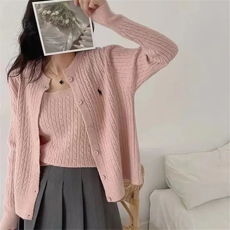 Knitted Cardigan Two-piece Set Spring and Autumn Thickened Sweater Suspender Top Sweater Vest Student Coat White Cardigan Pink