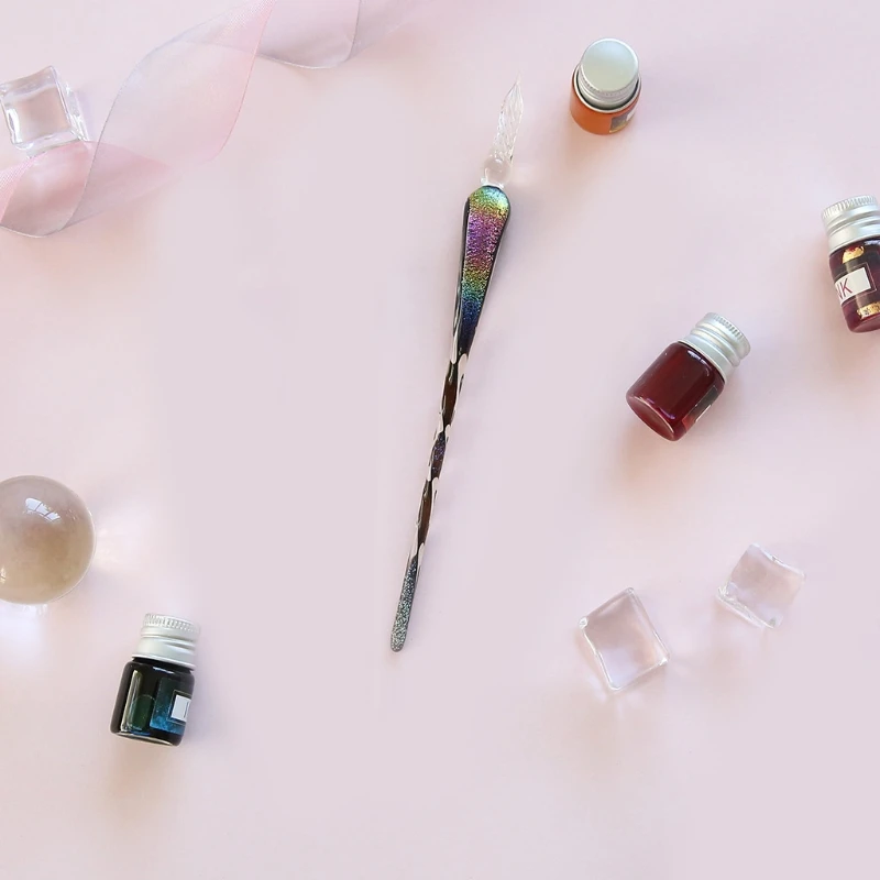 Glass Dip Pen Ink Calligraphy Pens Set for Beginners Rainbow Crystal Pen with 12 Colorful Ink for Art Writing Drawing