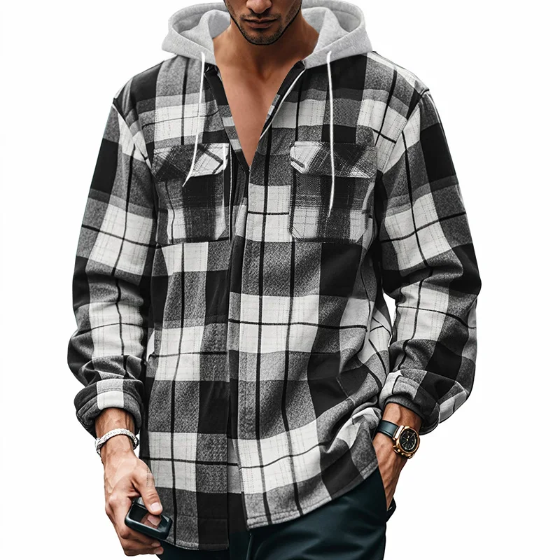 Heavy New Loose Casual Flannel Jacquard Long-Sleeved Hooded Plaid Shirt for Work Business Autumn 2025