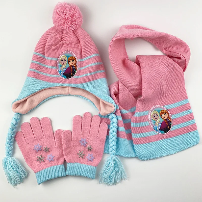 Winter New Disney Princess Knitted 3pcs/Set Girl Hat Scarf Gloves Frozen Princess Elsa Cartoon Children'S Warm Outdoor Kids Gift