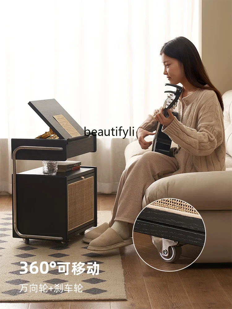 

smt03 Solid Wood Side Table Sofa Side Cabinet Living Room Rattan Black Storage Side Table Small Bedside Table