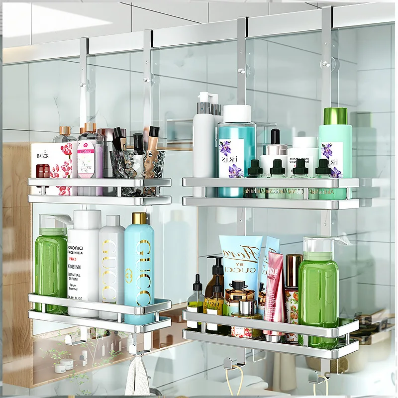 Bathroom Shelves Shower Room Hanging Shelf Punch-Free Shampoo Holder Bath Organizer Rack Toiletries Storage Basket Double Layers