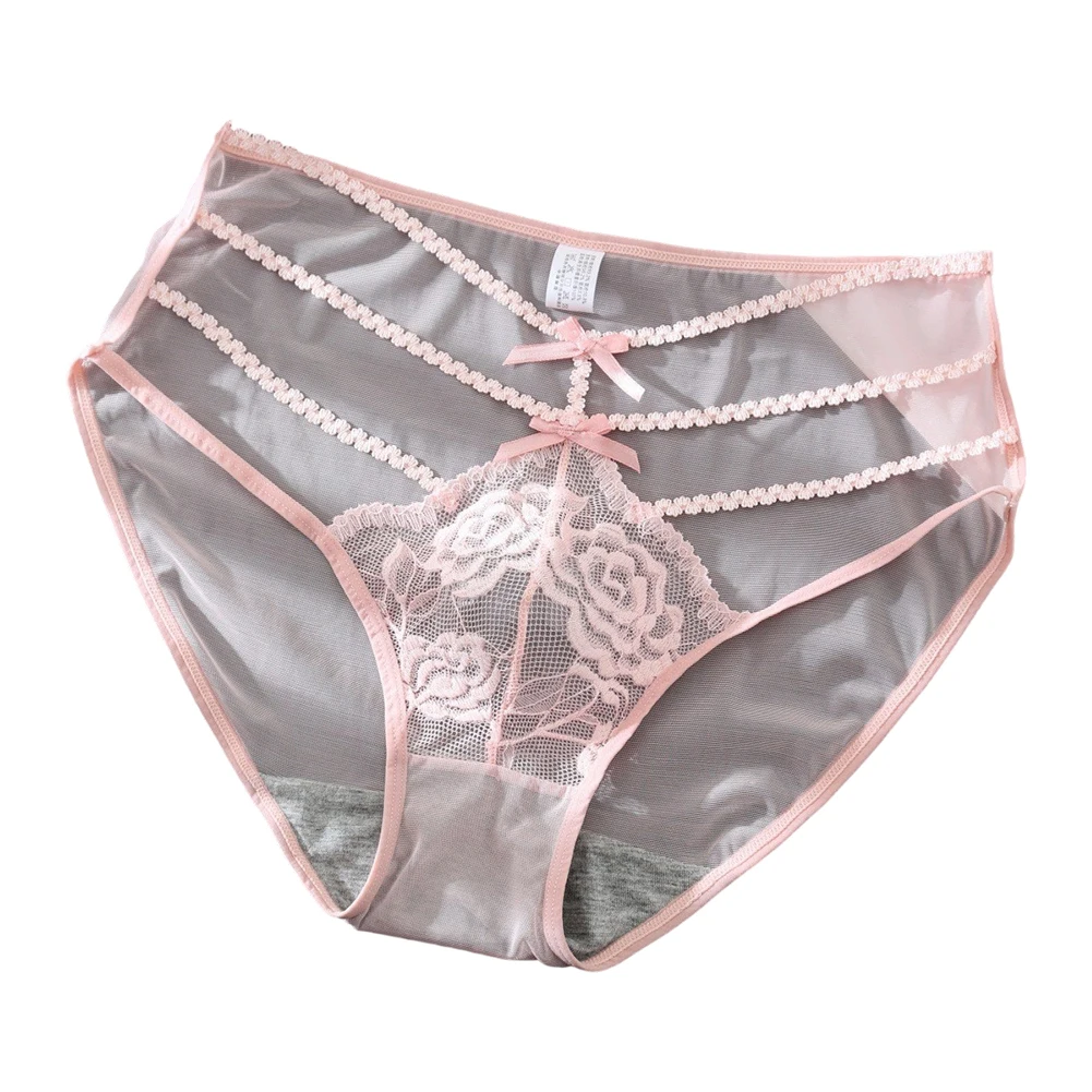 Men Bow Lace Hollow Briefs Underwear 3D Bulge Pouch Solid Elastic Sissy Panties Thin Comfortable Briefs Intimate Lingerie