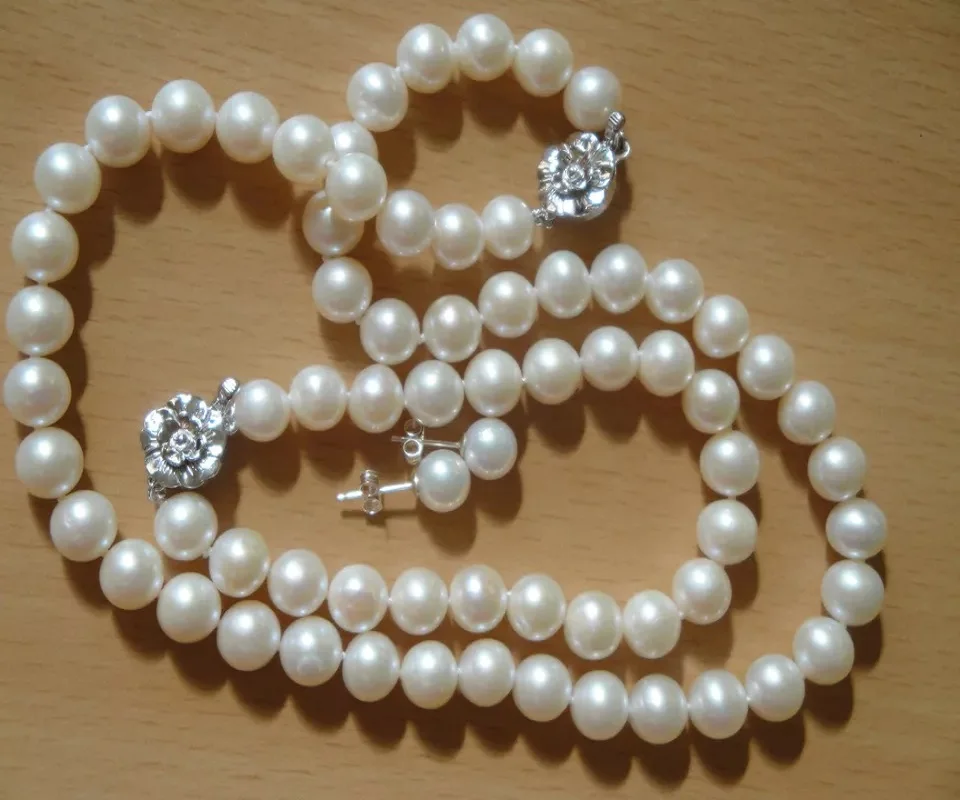 

Natural Pearl Set AA AA+9-10mm Japanese White Akoya Pearl Necklace 18inch+Bracelet 7.5-8inch+Earring Set 925s