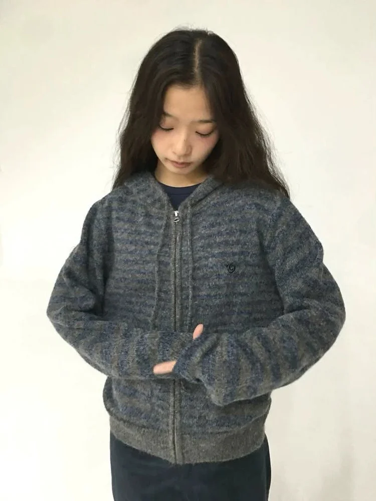 

Loose Fit Knitted Hat Cardigan Women's Striped Zipper Lazy Sle Top Academy Stripe Hooded Open-irt Faionable Wo...