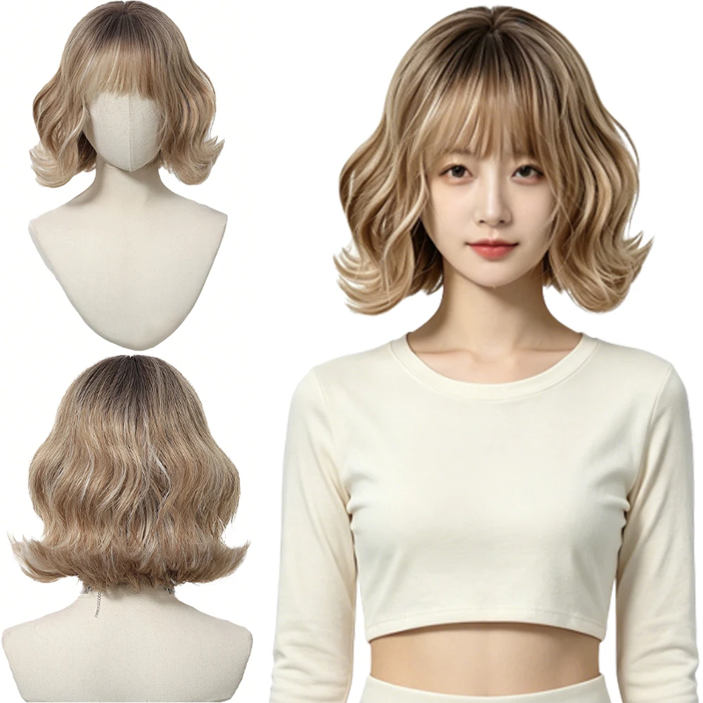 

Natural Realistic Dark Brown Ombre Light Blonde Bob Wig Air Bangs Short Curly Heat Resistant Synthetic Wigs For Women Daily Wear