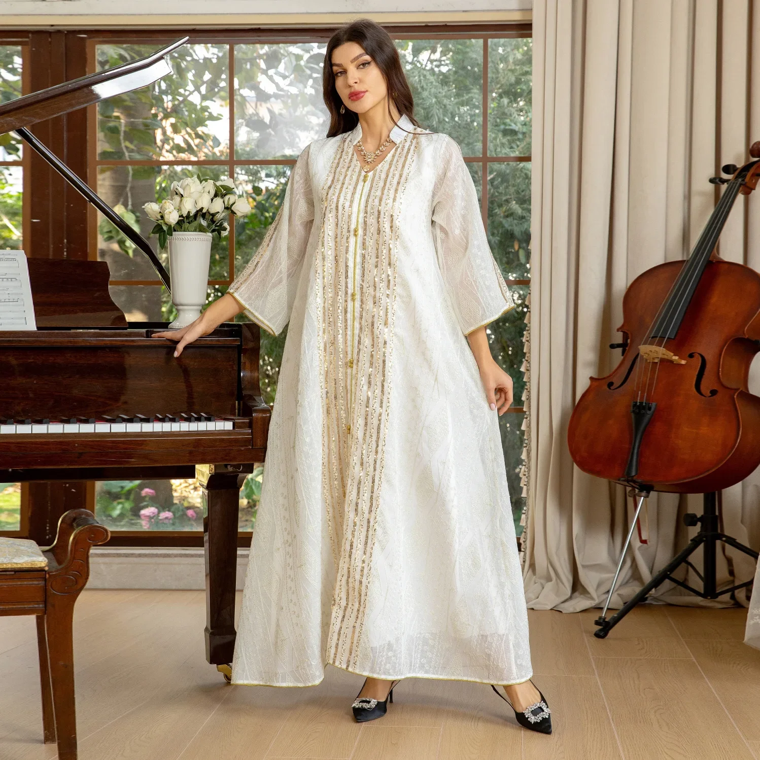

2025 Sequin Evening Muslim Dress Women Eid Abaya Khimar Jilbab Kebaya Kaftan Robe Hijab Dresses Dubai Kimono Islamic Clothing