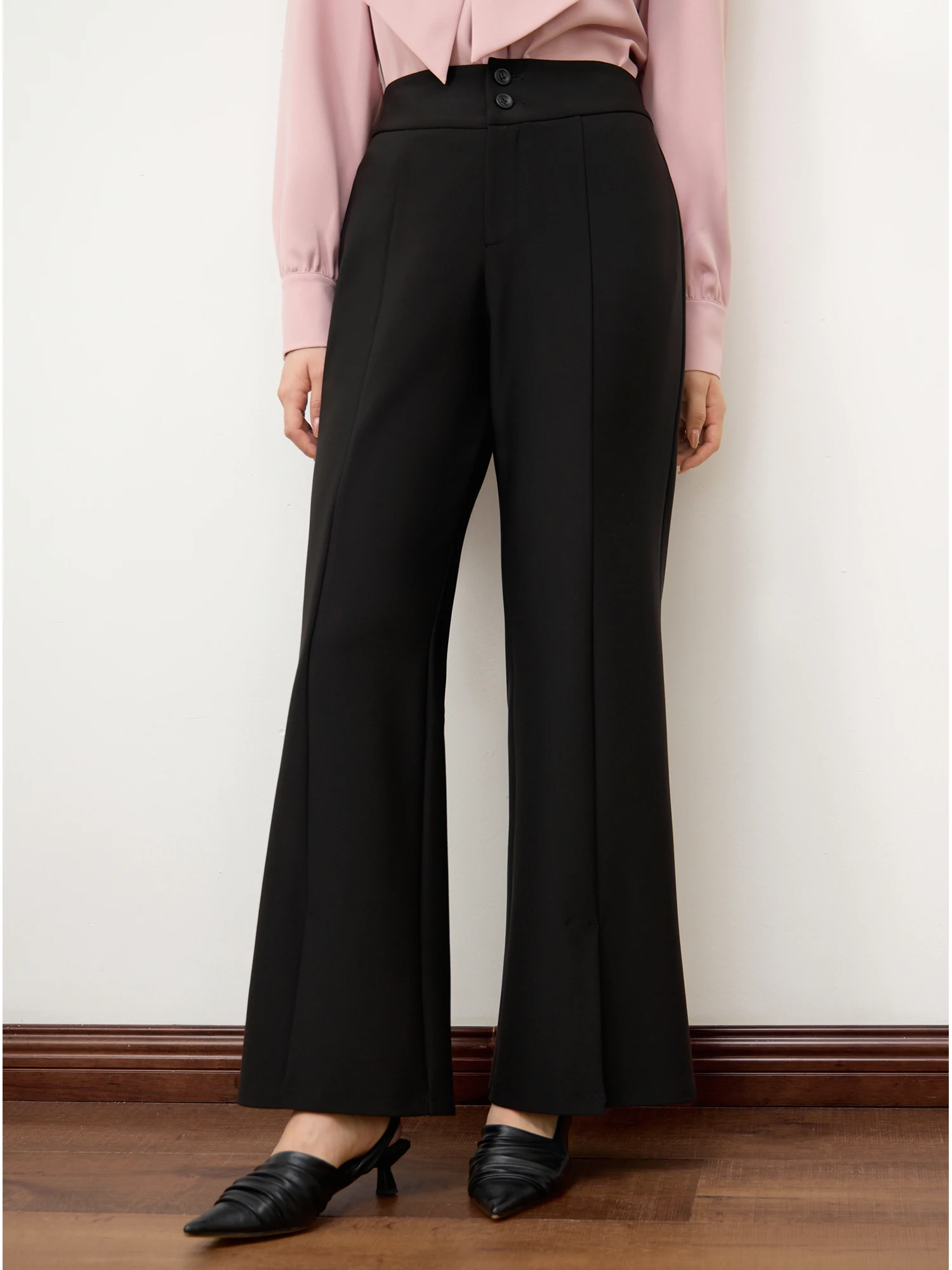 DUSHU【2 Length】Women Black Commuter Suit Pants High Waist Back Elastic Waist Twill Trousers Office Lady Flared Pant 24DS83324