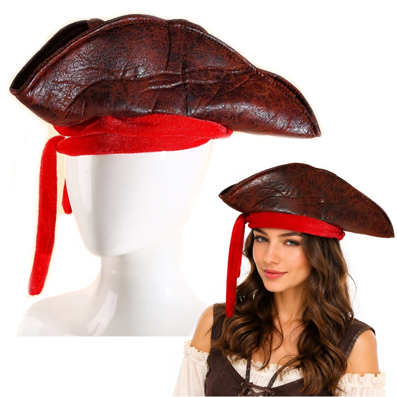 Adult Halloween Pirate Hat Brown Faux Leather Cowboy Tricorn Captain Hat Cosplay Costume Medieval Party Accessory Vintage Dress