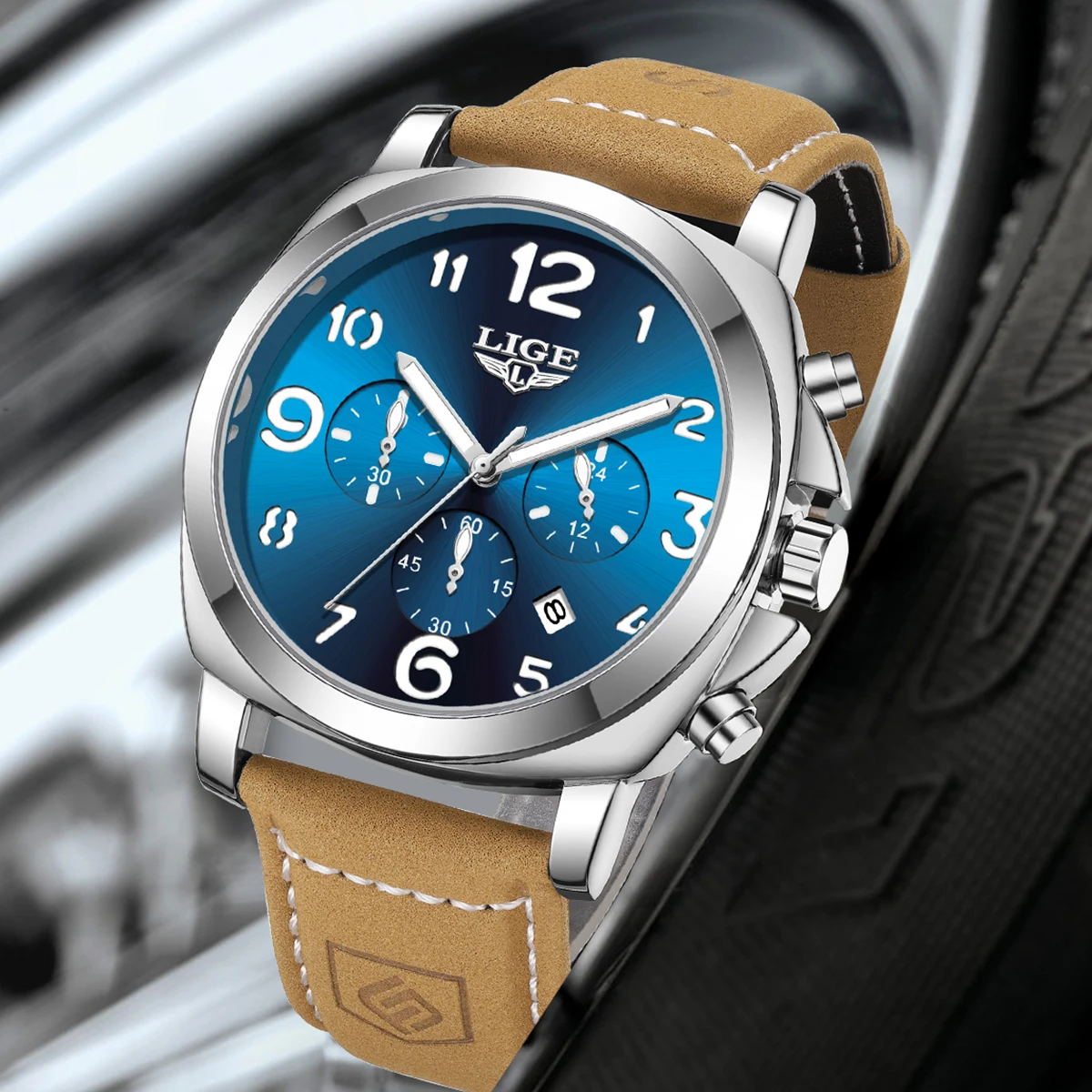 LIGE Casual Outdoor Quartz Man Watch Fashion Sport Waterproof Luminous Auto Date Leather Strap Wristwatch for Men Male Gifts Box