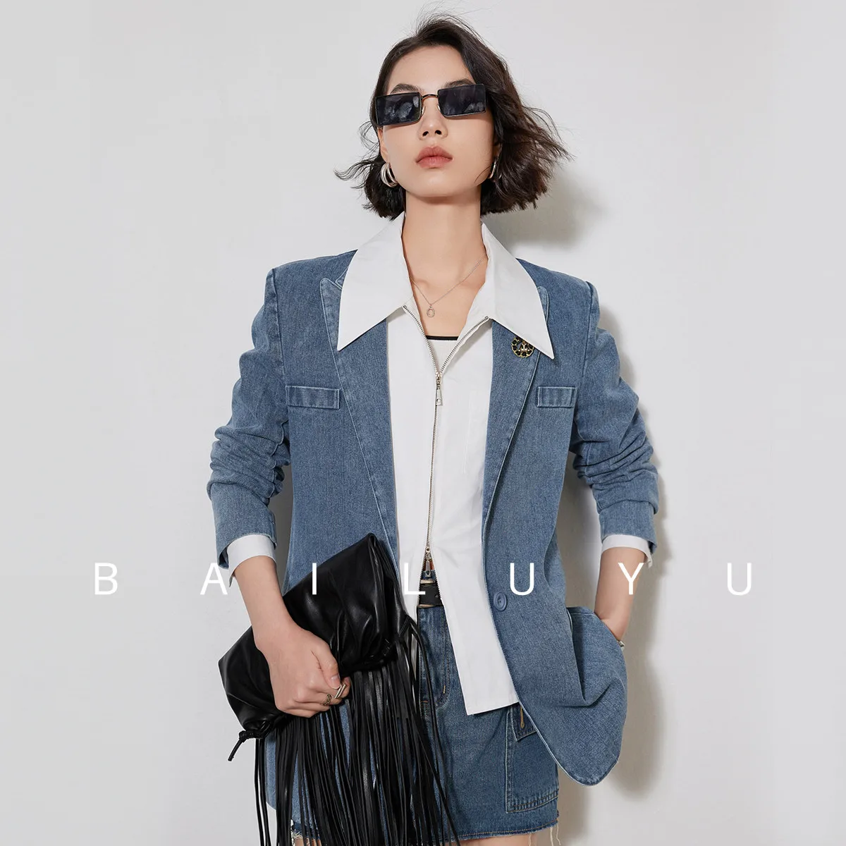 LOUIS YAO Denim Blazer Suit Retro Style Elegant Light Color Coat 2024 Spring Autumn Turn Down Collar Long Sleeve Loose Coat