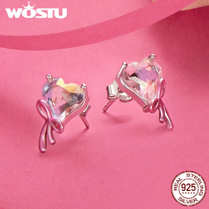 WOSTU 925 ซิลเวอร์แท้ ต่างหูหัวใจรูปโบว์ สำหรับผู้หญิง ดีไซน์หรูหรา เหมาะกับทุกโอกาส