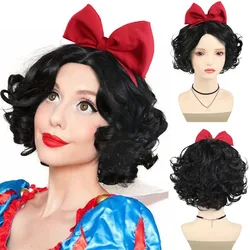 Black Curly Wigs for Women Synthetic Fiber Wig with Hairband Side Bangs Fluffy Hair Thick Wigs Snow White Wig Cosplay Drag Queen