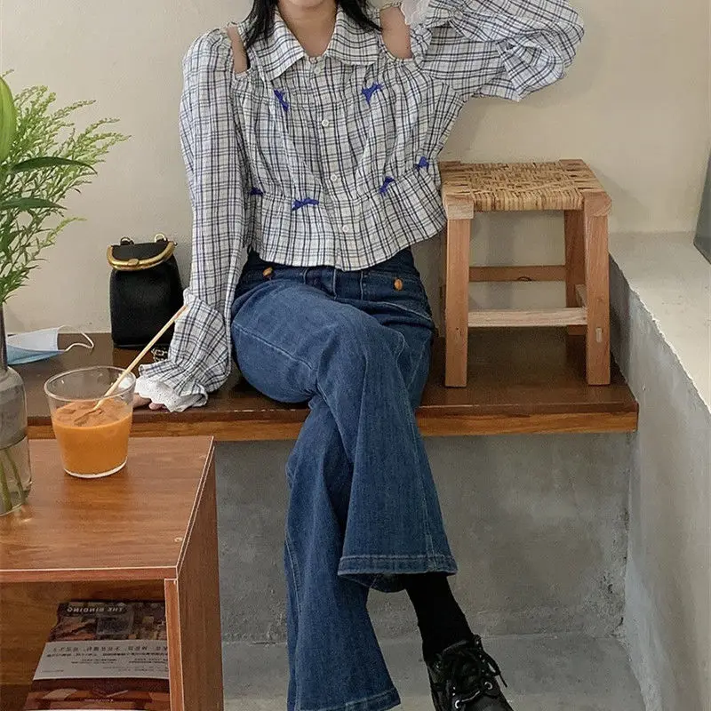 Fashionable Plaid Bow Lapel Blouse Female Clothing Sweet Lace Spliced Spring Autumn Elegant Off Shoulder Hollow Out Aura Shirts