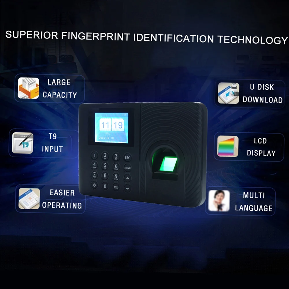 Intelligent Biometric Fingerprint Password Attendance Machine Employee Checking-in Recorder 2.4 inch TFT LCD Screen DC 5V USplug