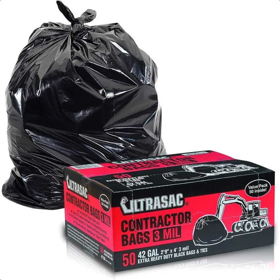 

Heavy Duty Contractor Bags VALUE 50 PACK w TIES 42 Gallon 32.75 X 47 IL Thick Large Black Industrial Garbage Trashbags for Cons