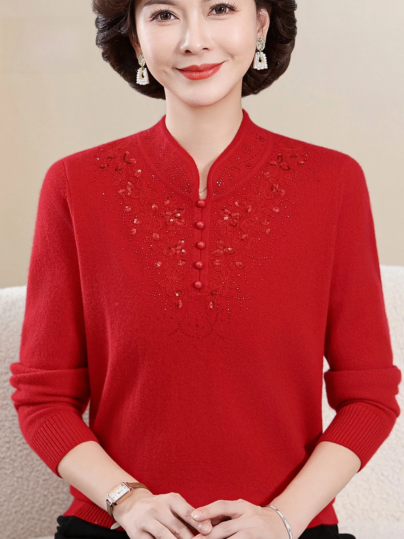 

New Autumn Winter Chinese Style Women's Red Collar Embroidered Full Wool Shirt Mom's Fashionable Base Shirt Top