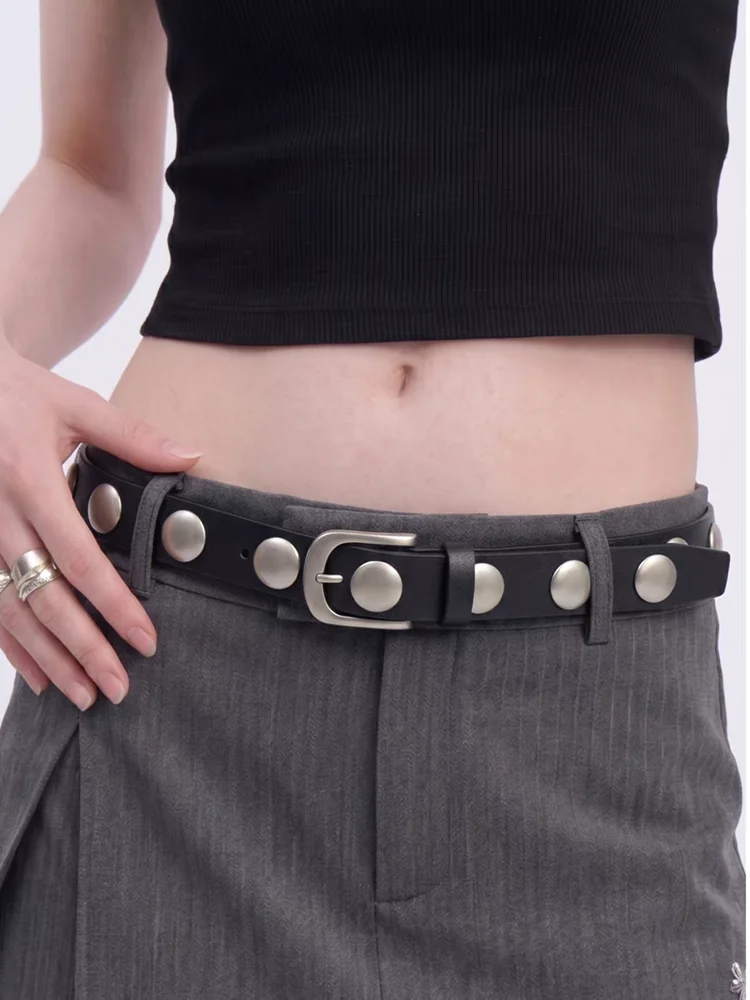 Black Fashion Decorative Advanced Retro Rivets Genuine Leather Women Belt Buckle Casual Waist Belt For Jeans Dress