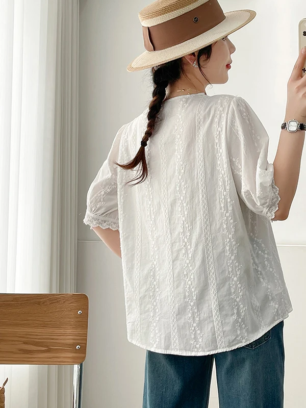 

Ele Pure Cotton Embroidered Lace Trim V-Ne Single Button irt Ladylike Bubble Sve White irt Commute Sle