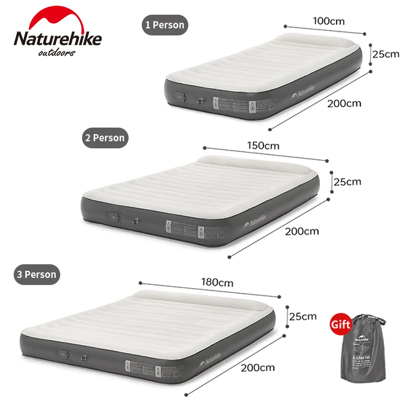 Naturehike Inflatable Bed With Pillow Built-in Pump Indoor Outdoor 1/2/3 Person Sleeping Pad Camping Travel Folding Air Mattress