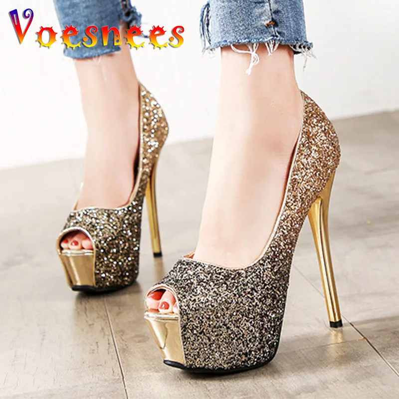 Fashion Sequin Fish Mouth High Heels With Gradient Color Trend Women\'s Shoes European And American Sexy Thin Heels Single Pumps