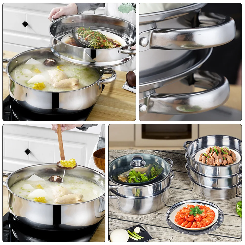 

Soup Pot Stainless Steel Steam Hot Kitchen Accessories Steamer Household Three Layer Home Silver Cooker