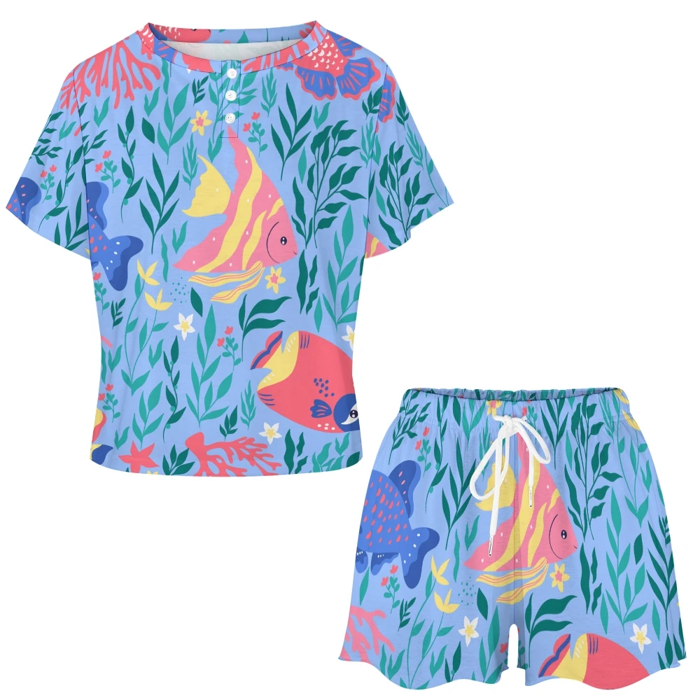 Tropical Fish Pattern Women's 2-Piece Button Down Short Sleeve Button Front Sleepwear Loungewear PJ Set Summer Home Suit