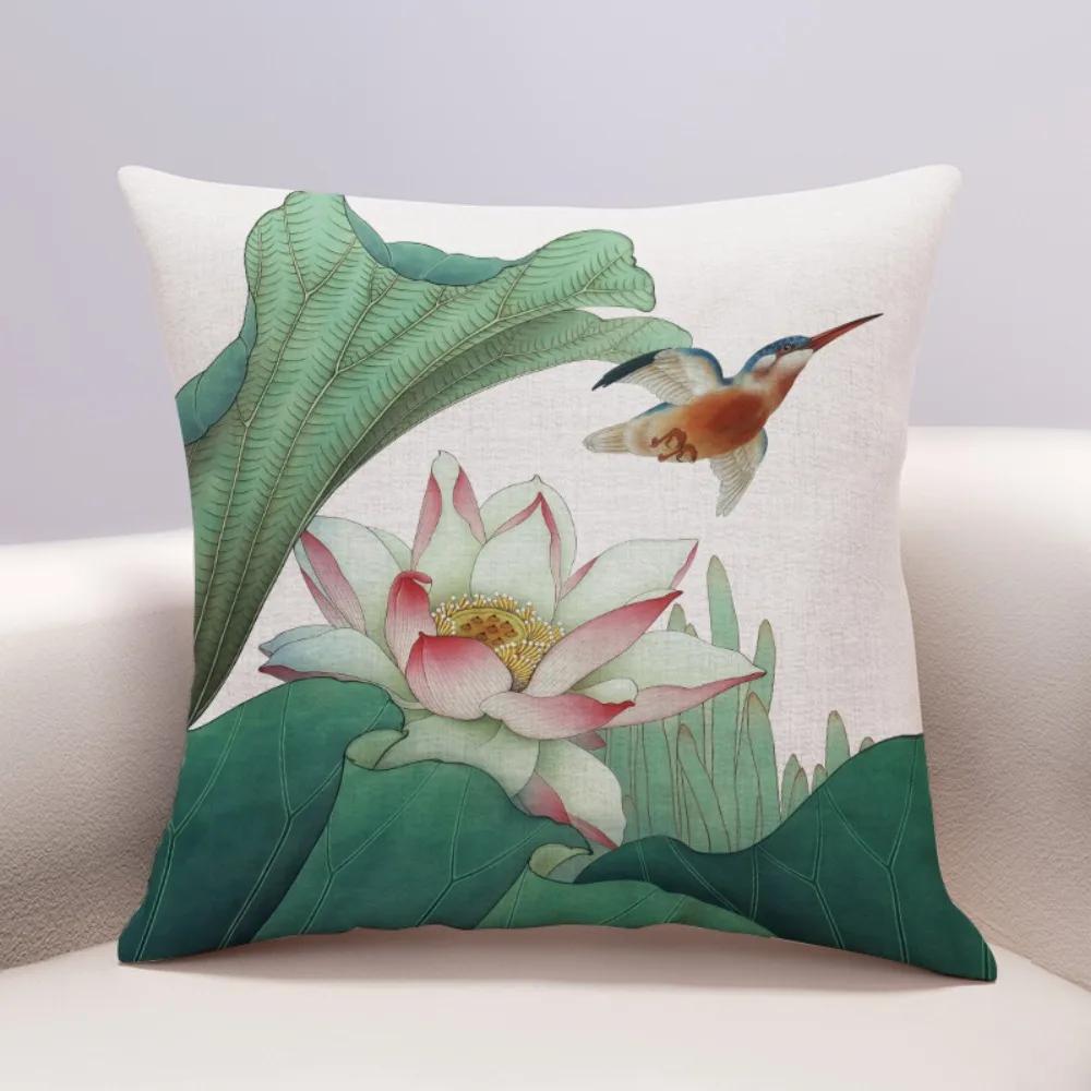 Oriental Floral Art Throw Pillow Covers, Detailed Lotus & Dragonfly Print Cushion Cases, Calming Zen Decor for Sofa Bedroom