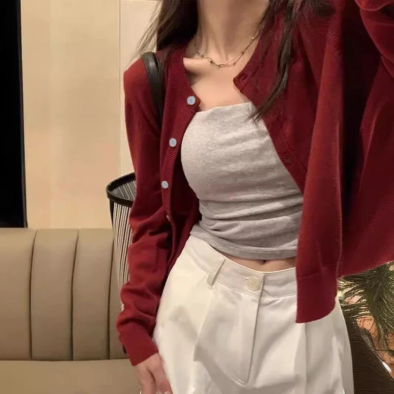 

Red Cardigan Knit Early Autumn Women Clothes New Outdoor Crop Sweater Outerwear Long Sleeve Top Bottoming Shirt