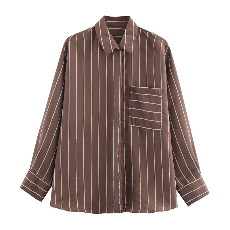 Moda chique listra camisas para mulher 2026 nova primavera manga longa bolsos feminino streetwear camisa casual e blusa topo ﻿