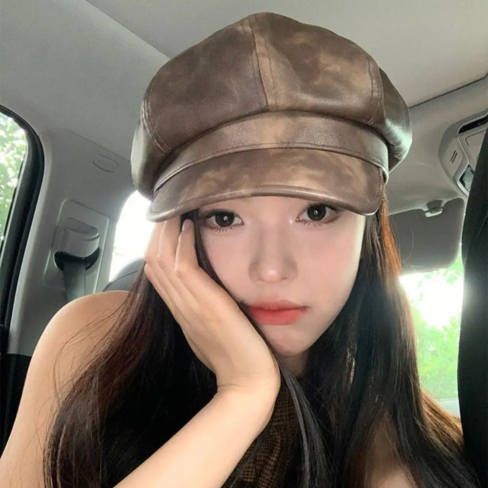 Berretto in pelle PU stile britannico moda autunno inverno berretto da donna marrone nero berretto ottagonale berretto da artista casual da donna