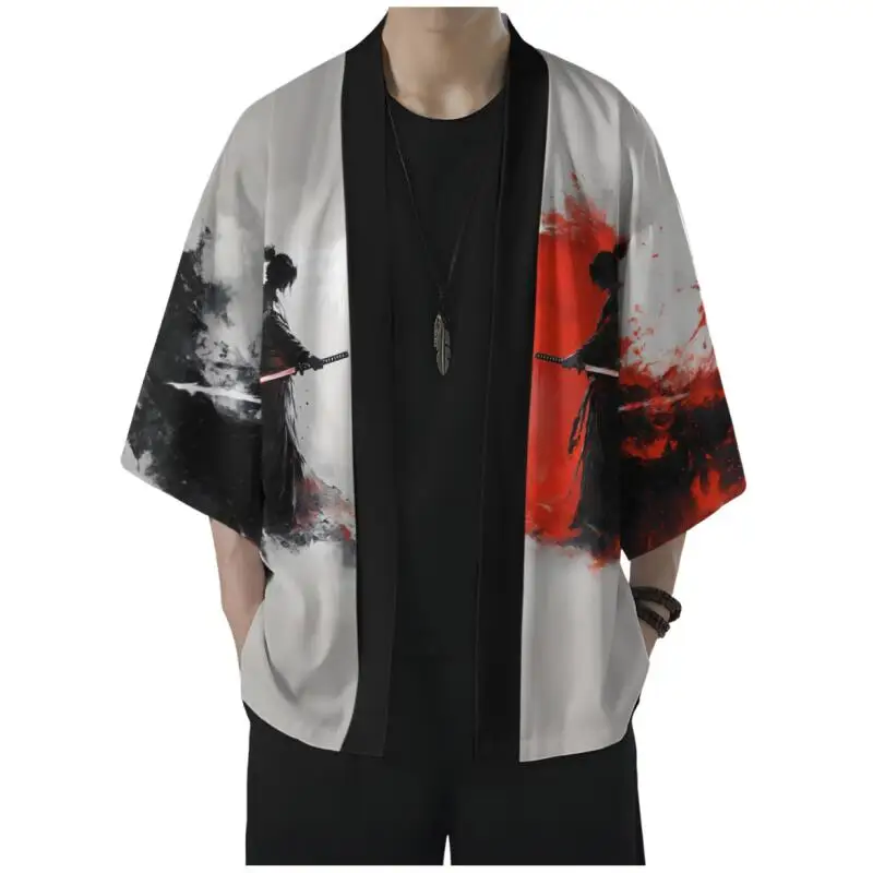 Men's Black Red Yin Yang Samurai Pattern Japanese Kimono Cardigan Summer Asian Traditional Haori Yukata Daily Streetwear Coat