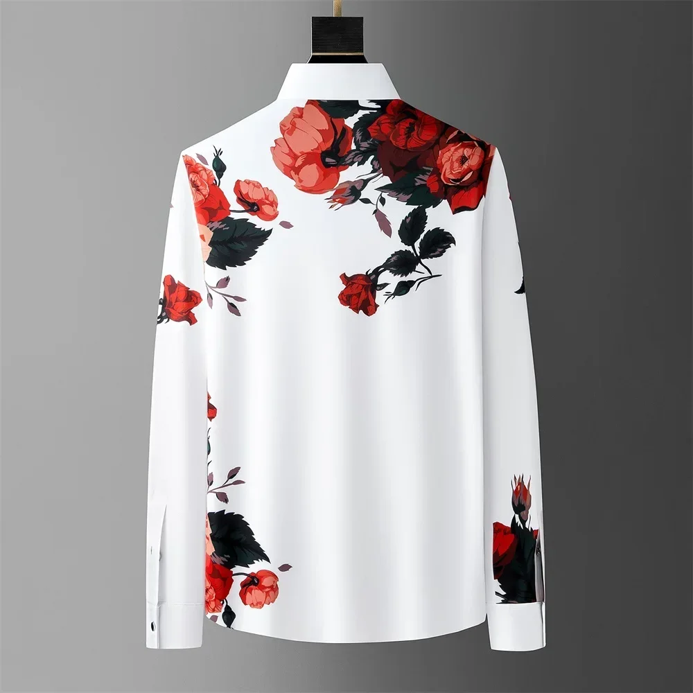 2024 Spring Flower Shirts Men Long Sleeve Casual Shirts Seamless Elastic Business Formal Dress Shirts Social Party Tuxedo Blouse