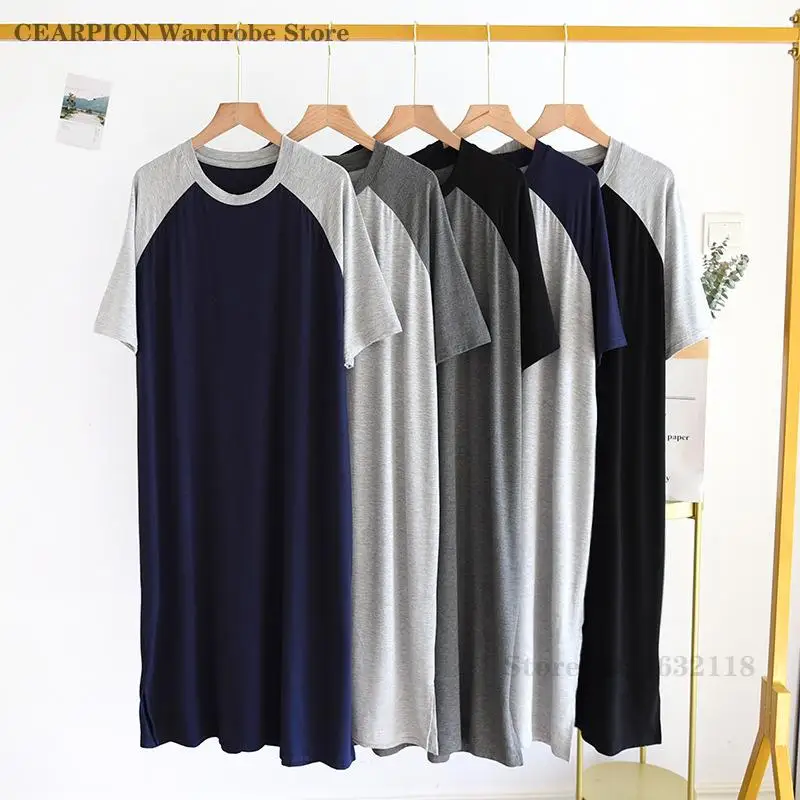 

Мужская летняя одежда для сна, ночная рубашка из модала, ночные рубашки с короткими рукавами, большой размер 5XL, тонкие мужские пижамы, халат, домашняя одежда, домашняя одежда