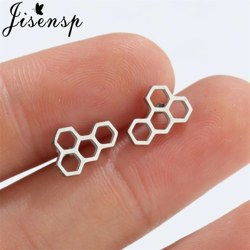 Jisensp Geometric Hollow Out Honeycomb Earrings Cute Bee Stainless Steel Earrings for Women Punk Cool Earring Party Gift