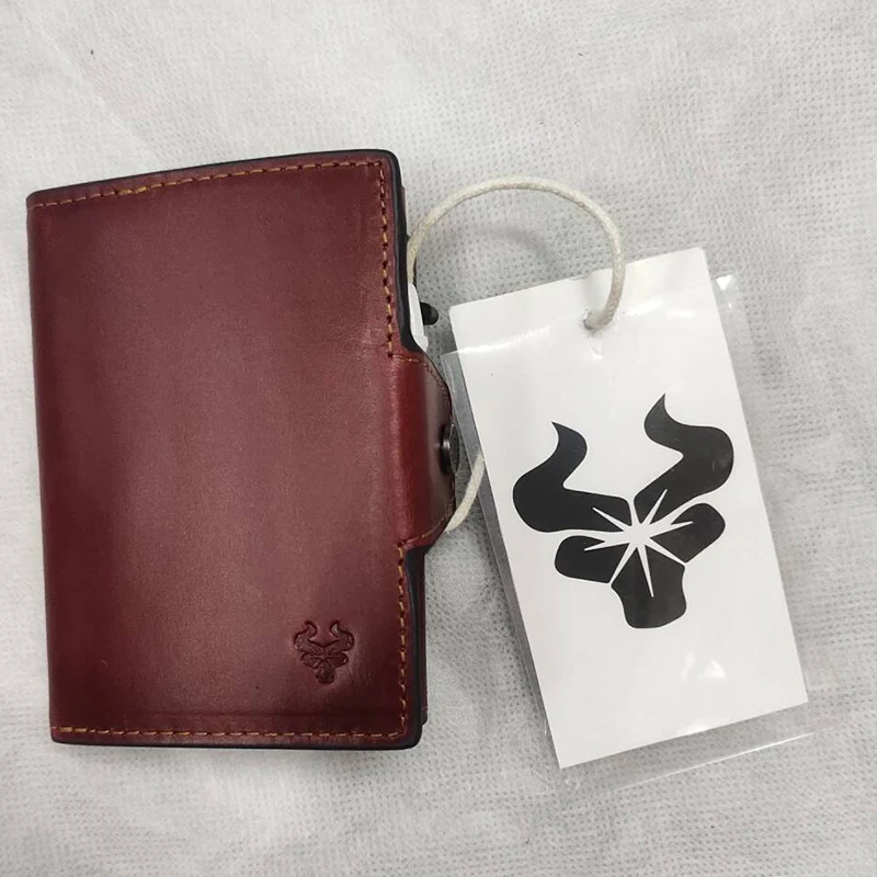 Crazy Horse Leather Mens Wallet with RFID Blocking Card Holder Mini Metal Pop Up Wallets Zipper Coin Pocket for Male