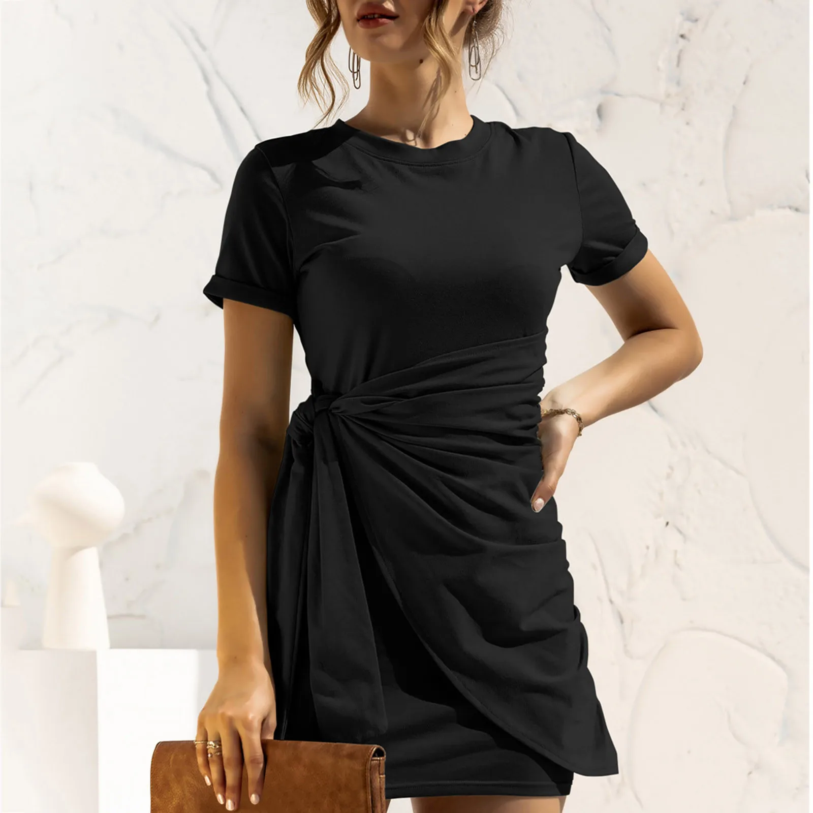 Mini-vestido com laço automático feminino, decote em O, fino, manga curta, cintas, bolso casual, moda verão, novo, 2024