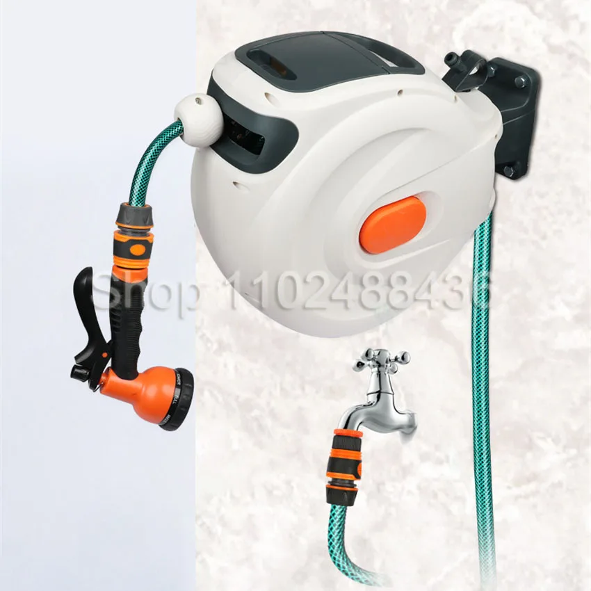 

10m/ 20m Free Standing Wall Mount Swivel Retractable Garden Hose Reel with Sprayer Nozzle Any Length Lock Slow Return