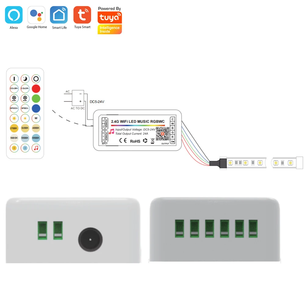 투야 와이파이 스마트 컨트롤, DC24V 5050, 5 인 1 RGBCCT LED 스트립 룸 조명 장식, 알렉사 구글 홈용 2.4G RF 원격 제어, 10m, 20m