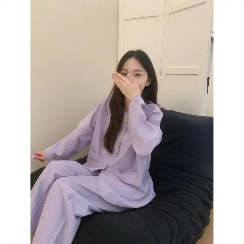 

Korean Style Pajamas Sweet Girl Long Sleeve Pajamas Set Women Pants Homewear Outfit for Spring Autumn Casual Wear Comfortable